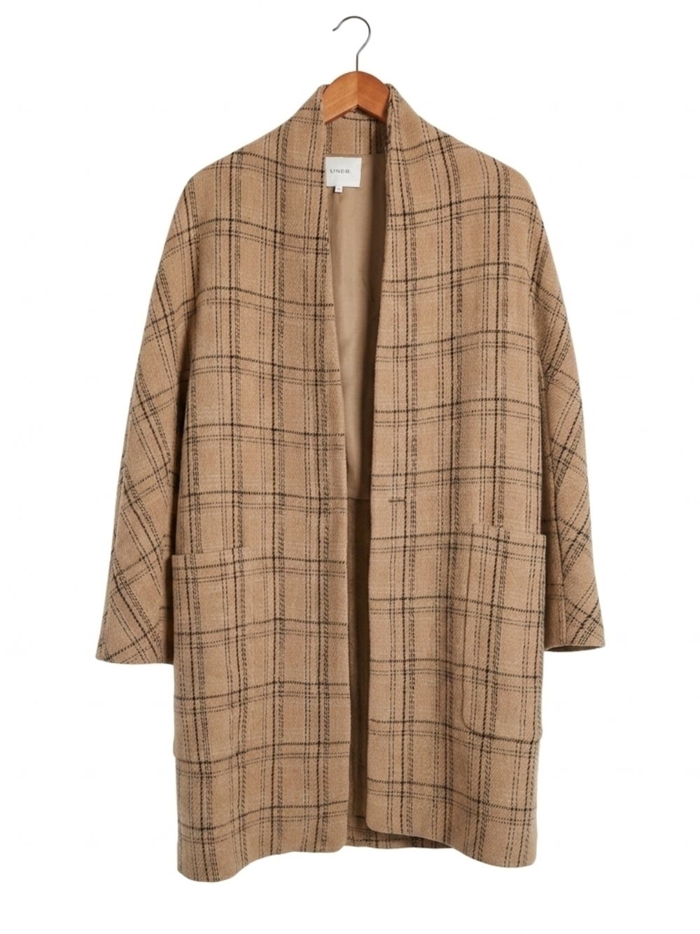 Vince Collarless Plaid Wool Blend Camel Tan Black Overcoat Jacket Size XS